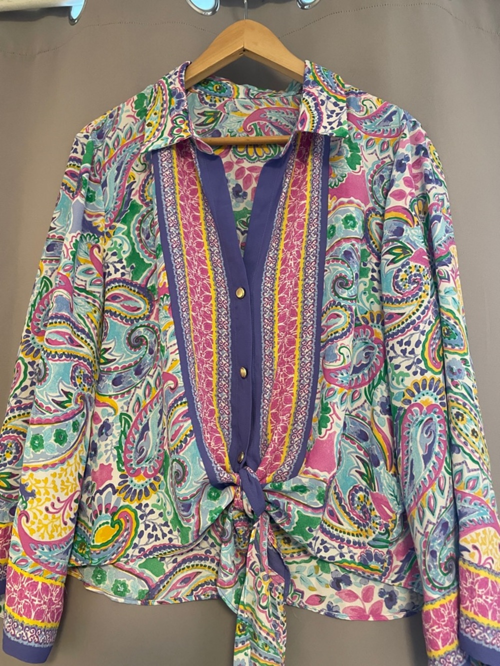 Women's Paisley Tie-Front Shirt - Purple Multicolor